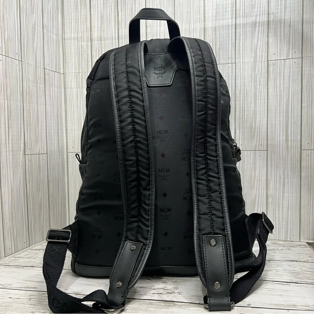 MCM Stark Backpack Black Nylon Logo Print Medium Unisex Designer Travel Bag